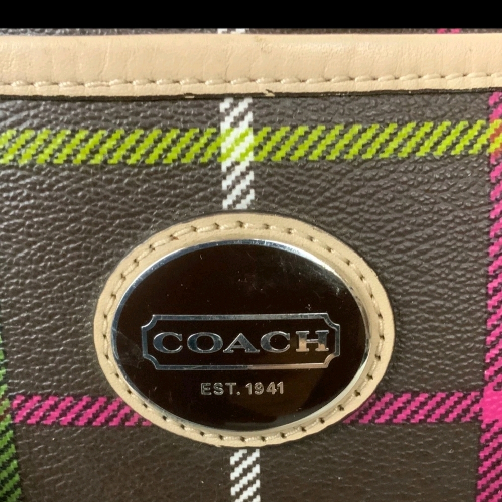 Coach Brown Plaid Tote with Tan Handles and Multicolor Stripes - Picture 6 of 9